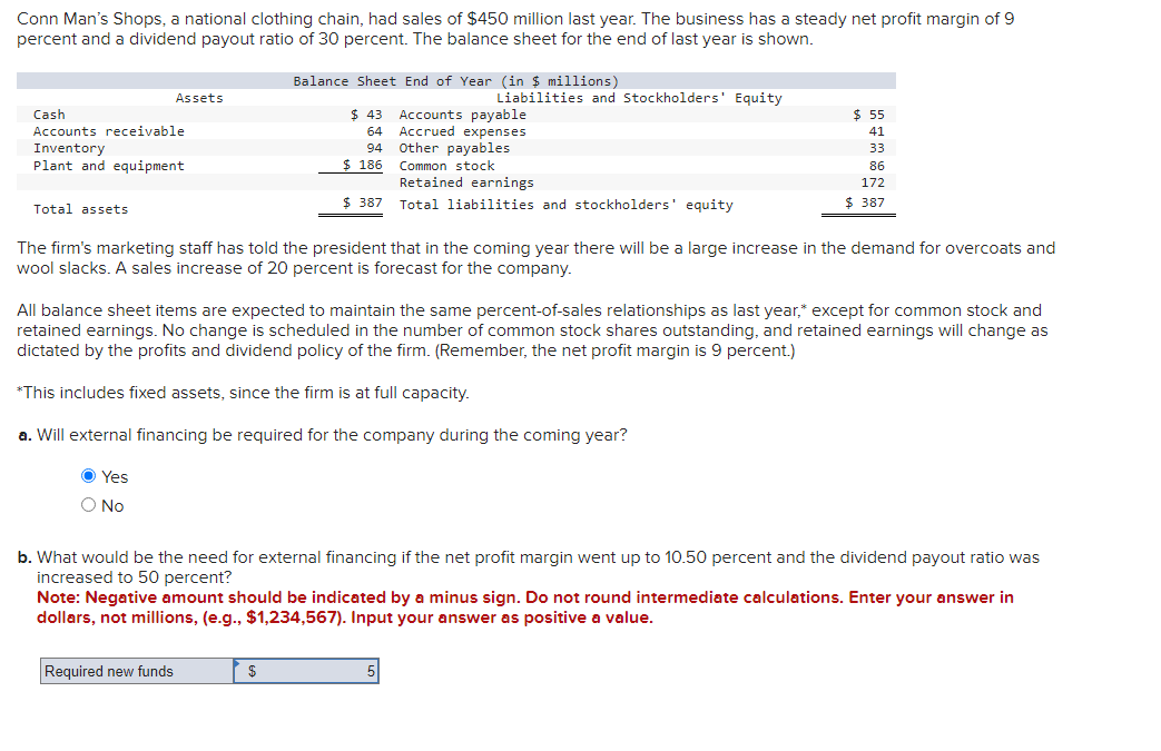 Conn Man's Shops, a national clothing chain, had sales of $450 million last year. The business has a steady net profit margin of 9
percent and a dividend payout ratio of 30 percent. The balance sheet for the end of last year is shown.
Cash
Accounts receivable
Inventory
Plant and equipment
Total assets
Assets
Balance Sheet End of Year (in $ millions)
$ 43
64
94
$ 186
Required new funds
$ 387
$
Liabilities and Stockholders' Equity
The firm's marketing staff has told the president that in the coming year there will be a large increase in the demand for overcoats and
wool slacks. A sales increase of 20 percent is forecast for the company.
Accounts payable
Accrued expenses
Other payables
Common stock
Retained earnings
Total liabilities and stockholders' equity
All balance sheet items are expected to maintain the same percent-of-sales relationships as last year,* except for common stock and
retained earnings. No change is scheduled in the number of common stock shares outstanding, and retained earnings will change as
dictated by the profits and dividend policy of the firm. (Remember, the net profit margin is 9 percent.)
*This includes fixed assets, since the firm is at full capacity.
a. Will external financing be required for the company during the coming year?
Ⓒ Yes
O No
$ 55
41
33
86
172
$387
b. What would be the need for external financing if the net profit margin went up to 10.50 percent and the dividend payout ratio was
increased to 50 percent?
Note: Negative amount should be indicated by a minus sign. Do not round intermediate calculations. Enter your answer in
dollars, not millions, (e.g., $1,234,567). Input your answer as positive a value.
5