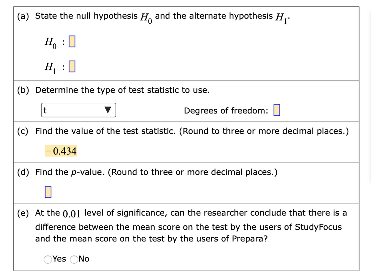 (a) State the null hypothesis H and the alternate hypothesis H,.
H, :0
H, :0
(b) Determine the type of test statistic to use.
Degrees of freedom:|
(c) Find the value of the test statistic. (Round to three or more decimal places.)
-0.434
(d) Find the p-value. (Round to three or more decimal places.)
(e) At the 0.01 level of significance, can the researcher conclude that there is a
difference between the mean score on the test by the users of StudyFocus
and the mean score on the test by the users of Prepara?
OYes ONo
