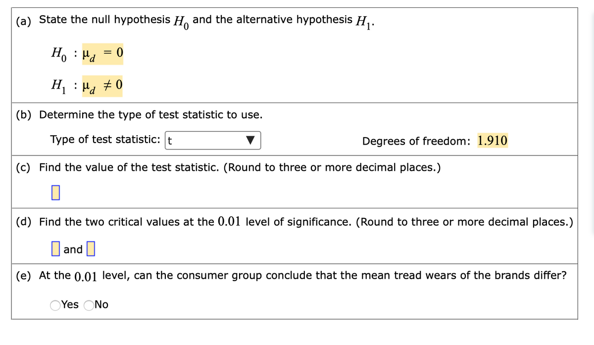 (a) State the null hypothesis H. and the alternative hypothesis H,.
H, : Hd
: Hd
(b) Determine the type of test statistic to use.
Type of test statistic:
Degrees of freedom: 1.910
(c) Find the value of the test statistic. (Round to three or more decimal places.)
(d) Find the two critical values at the 0.01 level of significance. (Round to three or more decimal places.)
I and I
(e) At the 0.01 level, can the consumer group conclude that the mean tread wears of the brands differ?
OYes ONo
