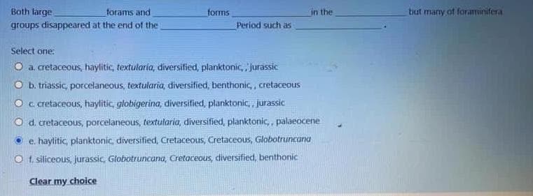 Both large
forams and
forms
in the
but many of foraminifera
groups disappeared at the end of the
Period such as
Select one:
O a cretaceous, haylitic, textularia, diversified, planktonic, jurassic
O b. triassic, porcelaneous, textularia, diversified, benthonic,, cretaceous
O c cretaceous, haylitic, globigerina, diversified, planktonic,, jurassic
O d. cretaceous, porcelaneous, textularia, diversified, planktonic,, palaeocene
e. haylitic, planktonic, diversified, Cretaceous, Cretaceous, Globotruncana
t. siliceous, jurassic, Globotruncana, Cretaceous, diversified, benthonic
Clear my choice
