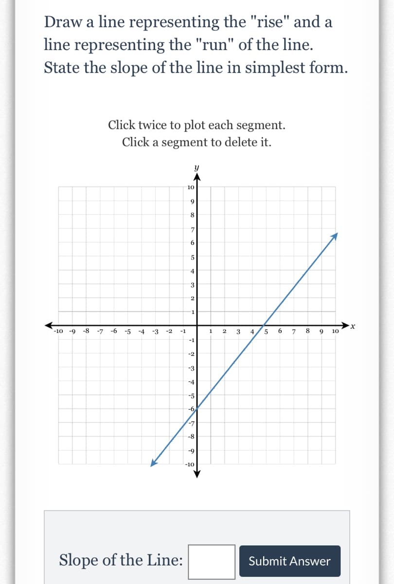 Draw a line representing the "rise" and a
line representing the "run" of the line.
State the slope of the line in simplest form.
Click twice to plot each segment.
Click a segment to delete it.
10
9
8.
7.
6.
4
2
1
-10 -9 -8
-7
-6
-5
-4
-3
-2
-1
1
3
4
5
6.
7
9
10
-2
-3
-4
-5
-6
-7
-8
-9
-10
Slope of the Line:
Submit Answer
