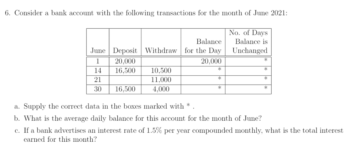6. Consider a bank account with the following transactions for the month of June 2021:
No. of Days
Balance is
Balance
June Deposit Withdraw for the Day
Unchanged
1
20,000
*
20,000
14
16,500
*
*
10,500
*
21
*
11,000
*
30
*
16,500
4,000
a. Supply the correct data in the boxes marked with *
b. What is the average daily balance for this account for the month of June?
c. If a bank advertises an interest rate of 1.5% per year compounded monthly, what is the total interest
earned for this month?