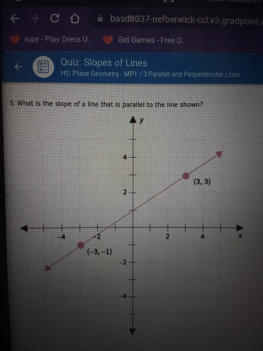 basd8037-nefberwick-ccl.v3.gradpoint.c
lupy - Play Dress U..
Girl Games-Free 0...
Quiz: Slopes of Lines
HS: Plane Geometry - MP1/3Parailel and Perpendicular Lines
5. What is the slope of a line that is parallel to the line shown?
Ay
(3, 3)
2-
-2
4.
(-3, -1)
