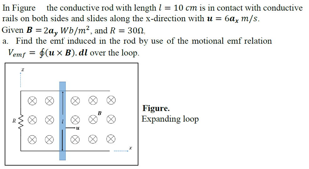 In Figure the conductive rod with length l = 10 cm is in contact with conductive
rails on both sides and slides along the x-direction with u =
баҳ т/s.
Given B = 2a, Wb/m², and R
a. Find the emf induced in the rod by use of the motional emf relation
300,
Vemf = $(u x B). dl over the loop.
Figure.
Expanding loop
