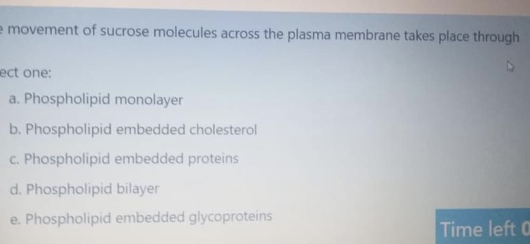 e movement of sucrose molecules across the plasma membrane takes place through
ect one:
a. Phospholipid monolayer
b. Phospholipid embedded cholesterol
c. Phospholipid embedded proteins
d. Phospholipid bilayer
e. Phospholipid embedded glycoproteins
Time left a
