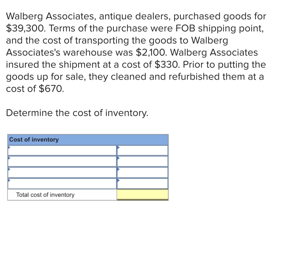 Walberg Associates, antique dealers, purchased goods for
$39,300. Terms of the purchase were FOB shipping point,
and the cost of transporting the goods to Walberg
Associates's warehouse was $2,100. Walberg Associates
insured the shipment at a cost of $330. Prior to putting the
goods up for sale, they cleaned and refurbished them at a
cost of $670.
Determine the cost of inventory.
Cost of inventory
Total cost of inventory