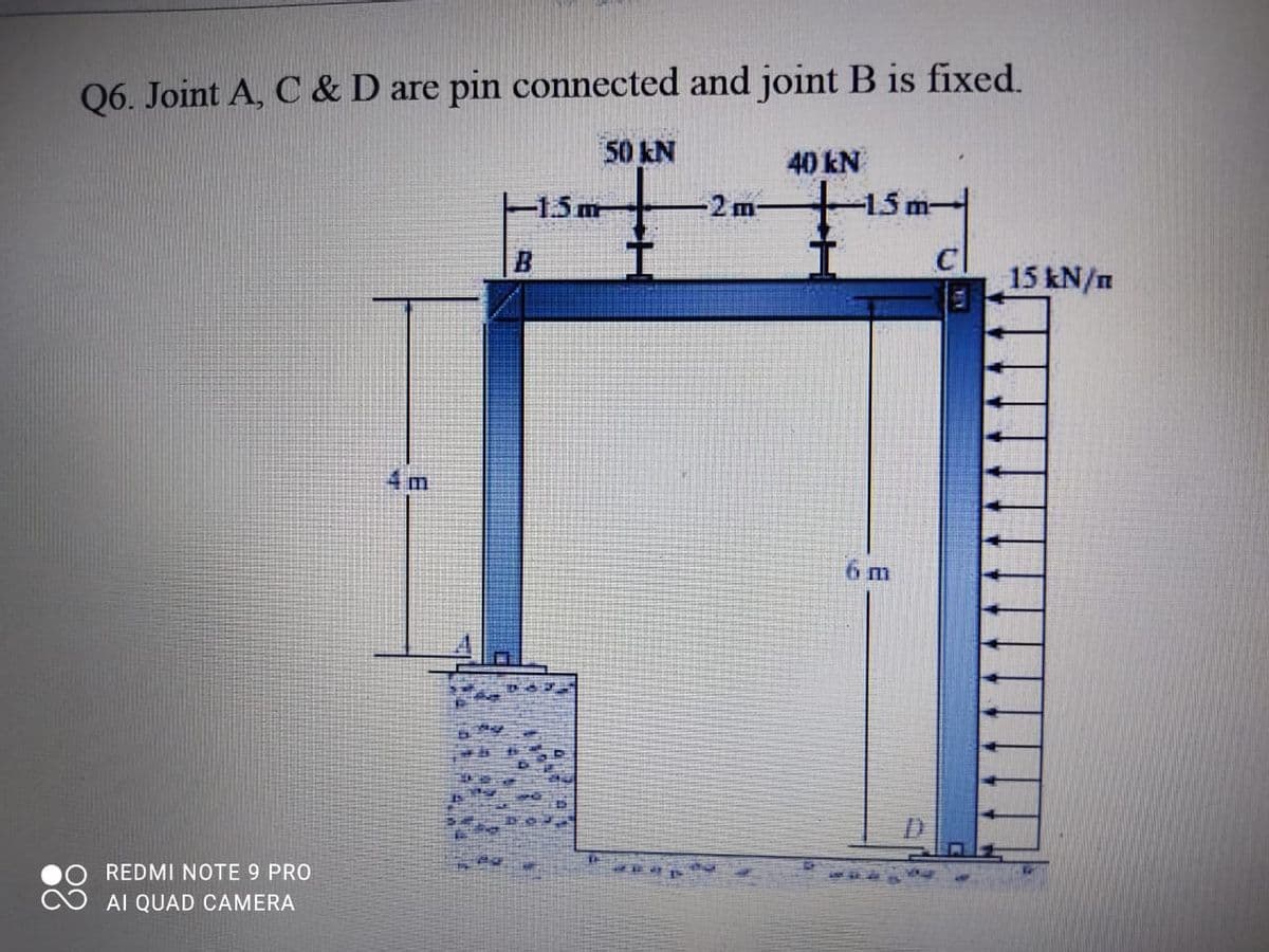 Q6. Joint A, C & D are pin connected and joint B is fixed.
50 kN
40 kN
-2 m-
-15 m-
-1.5m
15 kN/n
4m
6 m
REDMI NOTE 9 PRO
AI QUAD CAMERA
