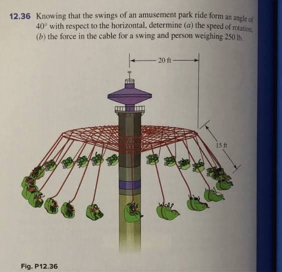 12.36 Knowing that the swings of an amusement park ride form an anele or
40° with respect to the horizontal, determine (a) the speed of rotation
(b) the force in the cable for a swing and person weighing 250 lb.
20 ft
15 ft
Fig. P12.36
