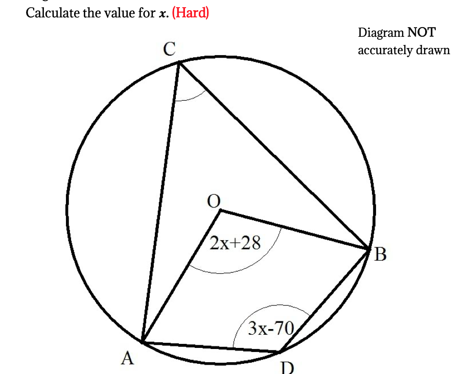 Calculate the value for x. (Hard)
Diagram NOT
accurately drawn
C
2x+28
Зx-70,
A
