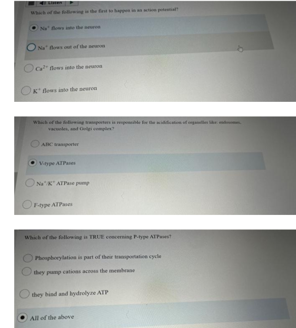 Listen
Which of the following is the first to happen in an action potential?
Na flows into the neuron
Na flows out of the neuron
Ca2+ flows into the neuron
K flows into the neuron
Which of the following transporters is responsible for the acidification of organelles like: endosomes,
vacuoles, and Golgi complex?
ABC transporter
V-type ATPases
Na/K ATPase pump
OF-type ATPases
Which of the following is TRUE concerning P-type ATPases?
Phosphorylation is part of their transportation cycle
they pump cations across the membrane
they bind and hydrolyze ATP
All of the above