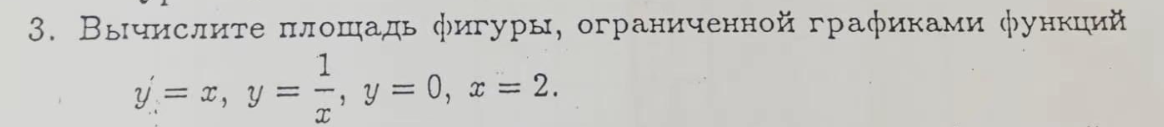 3. Вычислите
y = x, y
площадь фигуры, ограниченной графиками функций
1
--
X
1
y = 0, x = 2.