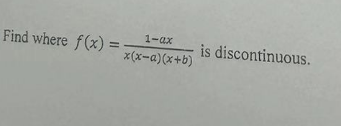 Find where f(x) =
1-ax is discontinuous.
x(x-a)(x+b)