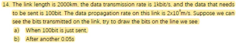 14. The link length is 2000km, the data transmission rate is 1kbit/s, and the data that needs
to be sent is 100bit. The data propagation rate on this link is 2x10 m/s. Suppose we can
see the bits transmitted on the link, try to draw the bits on the line we see:
a) When 100bit is just sent.
b)
After another 0.05s