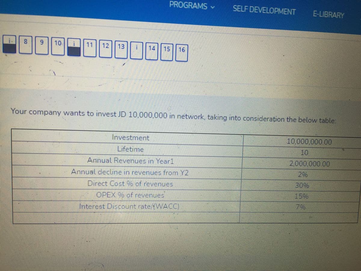 PROGRAMS
SELF DEVELOPMENT
E-LIBRARY
8.
6.
10
11 12
13
14
15
16
Your company wants to invest JD 10,000,000 in network, taking into consideration the below table
Investment
10,000,000.00
Lifetime
Annual Revenues in Yearl
2,000,000.00
2%
Annual decline in revenues from Y2
30%
Direct Cost % of revenues
15%
OPEX % of revenues
7%
Interest Discount rate/fWACC)
CO
