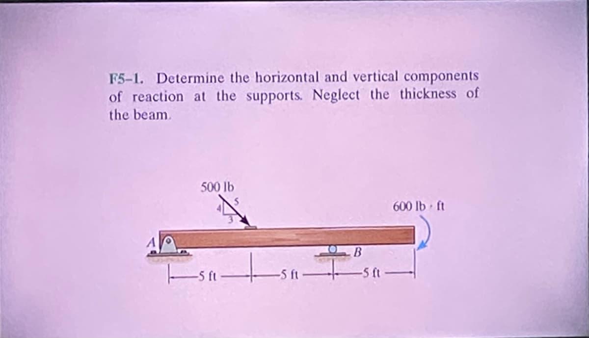 F5-1. Determine the horizontal and vertical components
of reaction at the supports. Neglect the thickness of
the beam.
500 lb
sa-
-5 ft
B
-5 ft-
600 lb ft