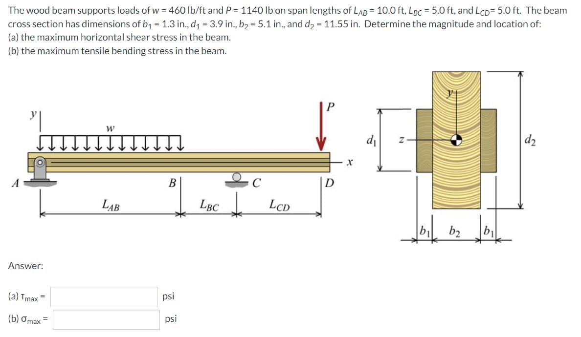 The wood beam supports loads of w = 460 lb/ft and P = 1140 Ib on span lengths of LAB = 10.0 ft, LBC = 5.0 ft, and LcD= 5.0 ft. The beam
cross section has dimensions of b1 = 1.3 in., d = 3.9 in., b2 = 5.1 in., and d2 = 11.55 in. Determine the magnitude and location of:
(a) the maximum horizontal shear stress in the beam.
(b) the maximum tensile bending stress in the beam.
di
d2
B
D
LAB
Lục
LCD
b1
b2
b
Answer:
(a) Tmax =
psi
(b) Ơmax =
psi
