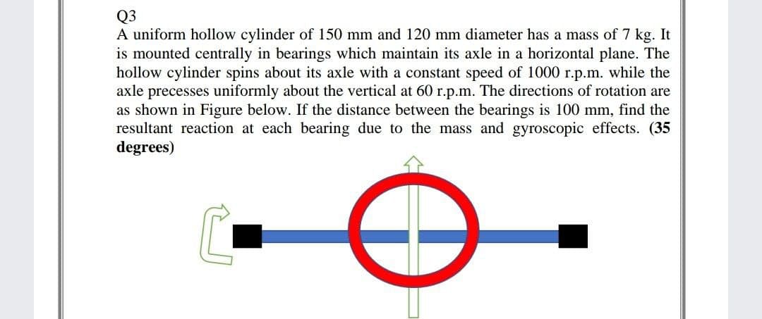 Q3
A uniform hollow cylinder of 150 mm and 120 mm diameter has a mass of 7 kg. It
is mounted centrally in bearings which maintain its axle in a horizontal plane. The
hollow cylinder spins about its axle with a constant speed of 1000 r.p.m. while the
axle precesses uniformly about the vertical at 60 r.p.m. The directions of rotation are
as shown in Figure below. If the distance between the bearings is 100 mm, find the
resultant reaction at each bearing due to the mass and gyroscopic effects. (35
degrees)
