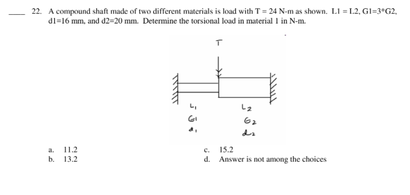 22. A compound shaft made of two different materials is load with T = 24 N-m as shown. L1 = L2, G1=3*G2,
dl=16 mm, and d2=20 mm. Determine the torsional load in material 1 in N-m.
L,
GI
62
dz
15.2
а. 11.2
b. 13.2
с.
d. Answer is not among the choices
