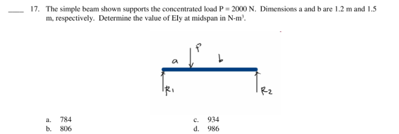 17. The simple beam shown supports the concentrated load P = 2000 N. Dimensions a and b are 1.2 m and 1.5
m, respectively. Determine the value of Ely at midspan in N-m³.
Rz
а.
784
c.
934
b. 806
d. 986
