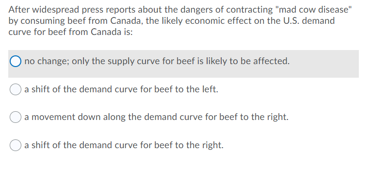 After widespread press reports about the dangers of contracting "mad cow disease"
by consuming beef from Canada, the likely economic effect on the U.S. demand
curve for beef from Canada is:
no change; only the supply curve for beef is likely to be affected.
a shift of the demand curve for beef to the left.
a movement down along the demand curve for beef to the right.
a shift of the demand curve for beef to the right.
