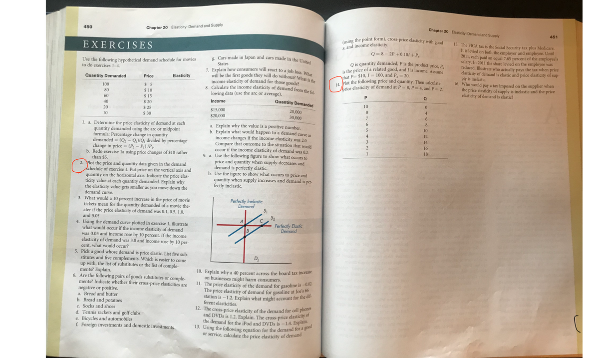 450
EXERCISES
Chapter 20 Elasticity: Demand and Supply
Use the following hypothetical demand schedule for movies
to do exercises 1-4.
Quantity Demanded
100
80
60
40
vigu 20
10
Price
$5
$ 10
$15
$ 20
$25
$30
Elasticity
1. a. Determine the price elasticity of demand at each
quantity demanded using the arc or midpoint
formula: Percentage change in quantity
demanded = (Q₂ Q₁)/Q, divided by percentage
change in price = (P₂ - P₁) /P₁.
b. Redo exercise la using price changes of $10 rather
than $5.
2. Plot the price and quantity data given in the demand
schedule of exercise 1. Put price on the vertical axis and
quantity on the horizontal axis. Indicate the price elas-
ticity value at each quantity demanded. Explain why
the elasticity value gets smaller as you move down the
demand curve.
3. What would a 10 percent increase in the price of movie
tickets mean for the quantity demanded of a movie the-
ater if the price elasticity of demand was 0.1, 0.5, 1.0,
and 5.0?
a. Bread and butter
b. Bread and potatoes
c. Socks and shoes
4. Using the demand curve plotted in exercise 1, illustrate
what would occur if the income elasticity of demand
was 0.05 and income rose by 10 percent. If the income
elasticity of demand was 3.0 and income rose by 10 per-
cent, what would occur?
5. Pick a good whose demand is price elastic. List five sub-
stitutes and five complements. Which is easier to come
up with, the list of substitutes or the list of comple-
ments? Explain.
6. Are the following pairs of goods substitutes or comple-
ments? Indicate whether their cross-price elasticities are
negative or positive.
d. Tennis rackets and golf clubs
e. Bicycles and automobiles
f. Foreign investments and domestic investments
8. Cars made in Japan and cars made in the United
States
7. Explain how consumers will react to a job loss. What
will be the first goods they will do without? What is the
income elasticity of demand for those goods?
8. Calculate the income elasticity of demand from the fol-
lowing data (use the arc or average).
Income
$15,000
$20,000
a. Explain why the value is a positive number.
b. Explain what would happen to a demand curve as
income changes if the income elasticity was 2.0.
Compare that outcome to the situation that would
occur if the income elasticity of demand was 0.2.
9. a. Use the following figure to show what occurs to
price and quantity when supply decreases and
demand is perfectly elastic.
b. Use the figure to show what occurs to price and
quantity when supply increases and demand is per-
fectly inelastic.
Perfectly Inelastic
Demand
A
B
D₂
с
Quantity Demanded
20,000
30,000
S₁
S₂
Perfectly Elastic
Demand
10. Explain why a 40 percent across-the-board tax increase
on businesses might harm consumers.
11. The price elasticity of the demand for gasoline is -0.02.
The price elasticity of demand for gasoline at Joe's 66
station is -1.2. Explain what might account for the dif-
ferent elasticities.
12. The cross-price elasticity of the demand for cell phones
and DVDs is 1.2. Explain. The cross-price elasticity of
the demand for the iPod and DVDs is -1.4. Explain.
13. Using the following equation for the demand for a good
or service, calculate the price elasticity of demand
(using the point form), cross-price elasticity with good
x, and income elasticity.
Q=8-2P+0.101 + P
Qis quantity demanded, P is the product price, Px
is the price of a related good, and I is income. Assume
that P= $10, I = 100, and P, = 20.
14. Plot the following price and quantity. Then calculate
price elasticity of demand at P = 8, P = 4, and P = 2.
P
Q
10
8
7
6
5
4
3
2
1
desd
Chapter 20 Elasticity: Demand and Supply
0
4
6
8
10
12
14
16
18
451
15. The FICA tax is the Social Security tax plus Medicare.
It is levied on both the employer and employee. Until
2011, each paid an equal 7.65 percent of the employee's
salary. In 2011 the share levied on the employee was
reduced. Illustrate who actually pays the tax when price
elasticity of demand is elastic and price elasticity of sup-
ply is inelastic.
16. Who would pay a tax imposed on the supplier when
the price elasticity of supply is inelastic and the price
elasticity of demand is elastic?