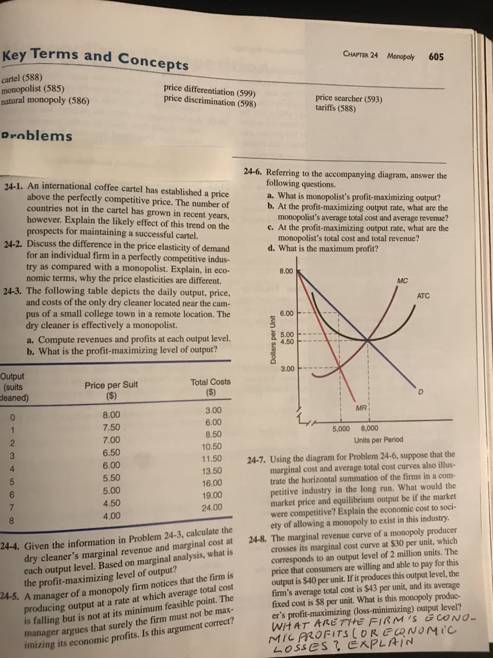 Key Terms and Concepts
cartel (588)
monopolist (585)
natural monopoly (586)
Problems
24-1. An international coffee cartel has established a price
above the perfectly competitive price. The number of
countries not in the cartel has grown in recent years,
however. Explain the likely effect of this trend on the
prospects for maintaining a successful cartel.
24-2. Discuss the difference in the price elasticity of demand
for an individual firm in a perfectly competitive indus-
try as compared with a monopolist. Explain, in eco-
nomic terms, why the price elasticities are different.
24-3. The following table depicts the daily output, price,
and costs of the only dry cleaner located near the cam-
pus of a small college town in a remote location. The
dry cleaner is effectively a monopolist.
Output
(suits
cleaned)
0
2
3
4
5
6
7
8
a. Compute revenues and profits at each output level.
b. What is the profit-maximizing level of output?
price differentiation (599)
price discrimination (598)
Price per Suit
($)
8.00
7.50
7.00
6.50
6.00
5.50
5.00
4.50
4.00
Total Costs
($)
3.00
6.00
8.50
10.50
11.50
13.50
16.00
19.00
24.00
24-4. Given the information in Problem 24-3, calculate the
dry cleaner's marginal revenue and marginal cost at
each output level. Based on marginal analysis, what is
the profit-maximizing level of output?
24-5. A manager of a monopoly firm notices that the firm is
producing output at a rate at which average total cost
is falling but is not at its minimum feasible point. The
manager argues that surely the firm must not be max-
imizing its economic profits. Is this argument correct?
Dollars per Unit
24-6. Referring to the accompanying diagram, answer the
following questions.
8.00
a. What is monopolist's profit-maximizing output?
b. At the profit-maximizing output rate, what are the
monopolist's average total cost and average revenue?
c. At the profit-maximizing output rate, what are the
monopolist's total cost and total revenue?
d. What is the maximum profit?
6.00
CHAPTER 24 Monopoly
5.00
4.50
price searcher (593)
tariffs (588)
3.00
5,000
605
MR
MC
ATC
8,000
Units per Period
24-7. Using the diagram for Problem 24-6, suppose that the
marginal cost and average total cost curves also illus-
trate the horizontal summation of the firms in a com-
petitive industry in the long run. What would the
market price and equilibrium output be if the market
were competitive? Explain the economic cost to soci-
ety of allowing a monopoly to exist in this industry.
24-8. The marginal revenue curve of a monopoly producer
crosses its marginal cost curve at $30 per unit, which
corresponds to an output level of 2 million units. The
price that consumers are willing and able to pay for this
output is $40 per unit. If it produces this output level, the
firm's average total cost is $43 per unit, and its average
fixed cost is $8 per unit. What is this monopoly produc-
er's profit-maximizing (loss-minimizing) output level?
WHAT ARE THE FIRM'S ECONO-
MIC PROFITS (OR ECONOMIC
LOSSES? EXPLAIN