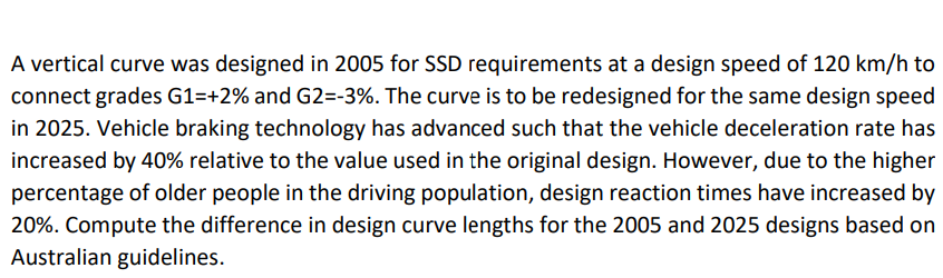 A vertical curve was designed in 2005 for SSD requirements at a design speed of 120 km/h to
connect grades G1=+2% and G2=-3%. The curve is to be redesigned for the same design speed
in 2025. Vehicle braking technology has advanced such that the vehicle deceleration rate has
increased by 40% relative to the value used in the original design. However, due to the higher
percentage of older people in the driving population, design reaction times have increased by
20%. Compute the difference in design curve lengths for the 2005 and 2025 designs based on
Australian guidelines.