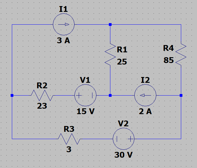 I1
ЗА
R1
R4
25
85
V1
12
R2
23
15 V
2 A
V2
R3
3
30 V
