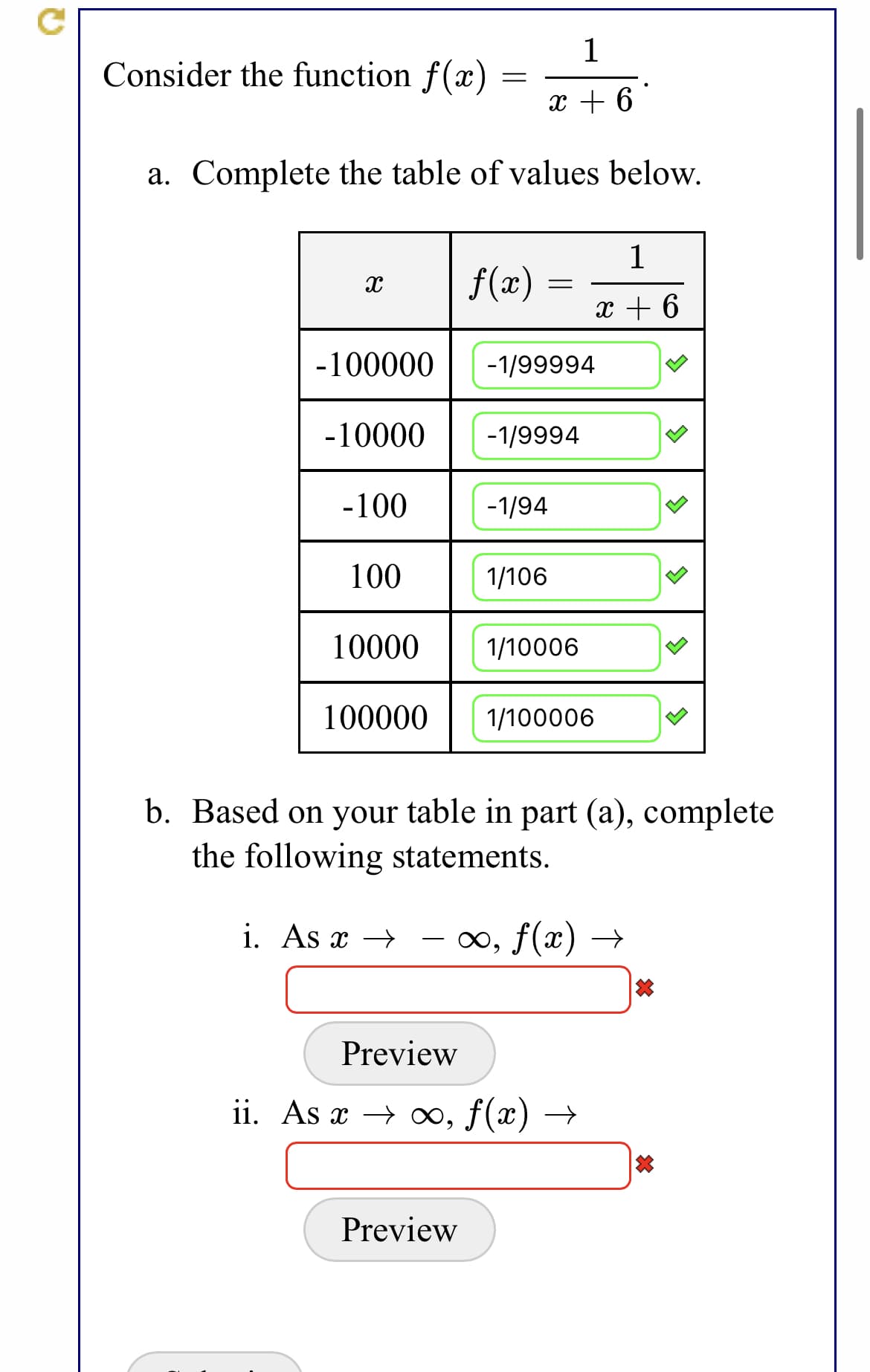 1
Consider the function f(x)
x + 6
a. Complete the table of values below.
1
f(x) =
x + 6
-100000
-1/99994
-10000
-1/9994
-100
-1/94
100
1/106
10000
1/10006
100000
1/100006
b. Based on your table in part (a), complete
the following statements.
i. As x →
00, f(x) →
Preview
ii. As x → ∞, f(x) →
Preview
