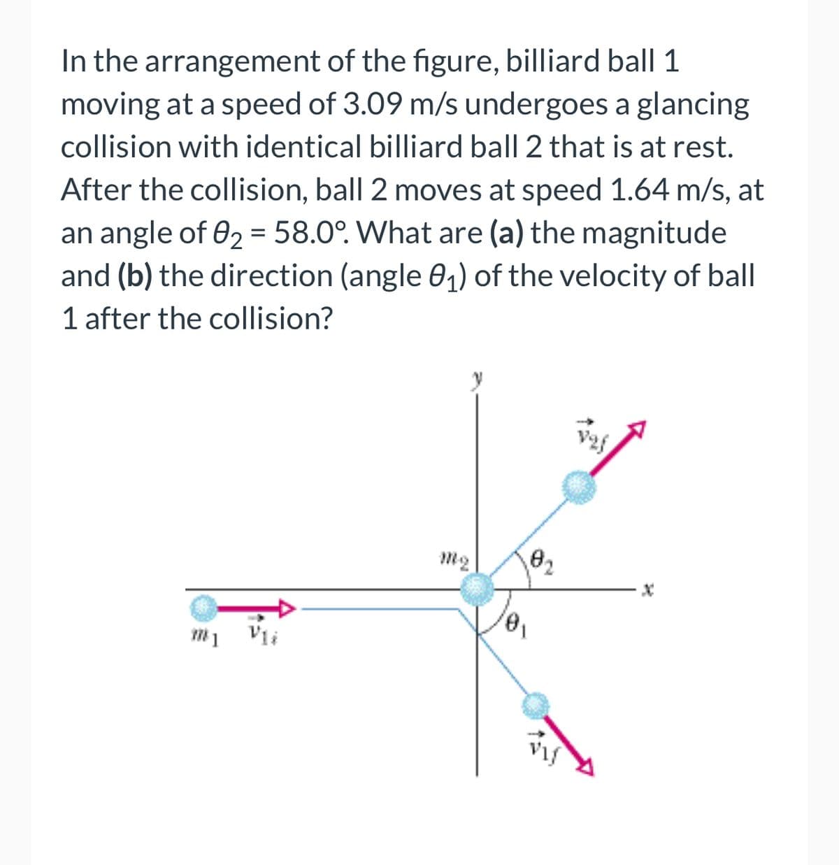 In the arrangement of the figure, billiard ball 1
moving at a speed of 3.09 m/s undergoes a glancing
collision with identical billiard ball 2 that is at rest.
After the collision, ball 2 moves at speed 1.64 m/s, at
an angle of 8₂ = 58.0°. What are (a) the magnitude
and (b) the direction (angle 0₁) of the velocity of ball
1 after the collision?
M1
10₂
0₁