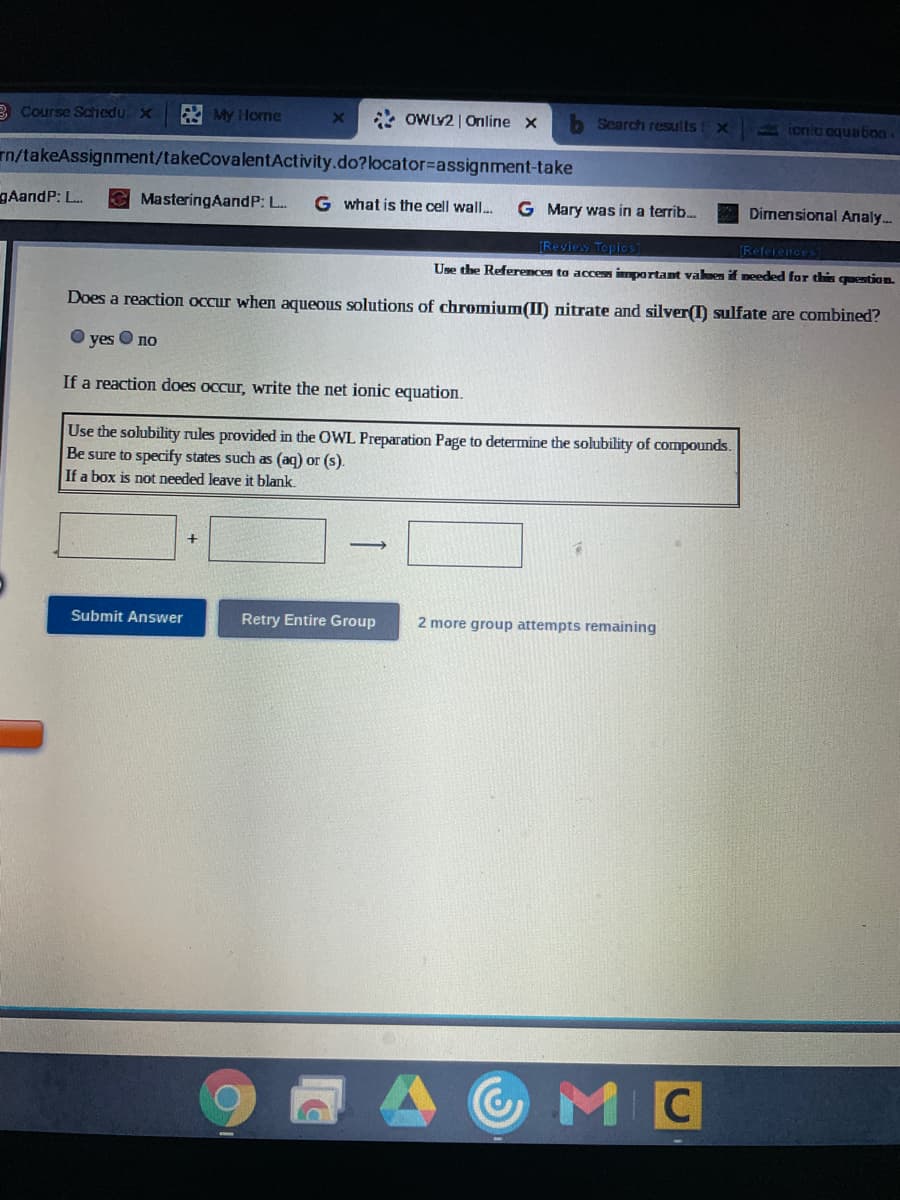 B Course Schedu x My Home
* OWLY2 | Online x
Search results x
1ionia couatiog
n/takeAssignment/takeCovalentActivity.do?locator%3Dassignment-take
gAandP: L.
e MasteringAandP: L.
G what is the cell wall.
G Mary was in a terrib.
Dimensional Analy...
[Review Topics
TReferences
Use the References to access important valuen it needed for this question.
Does a reaction occur when aqueous solutions of chromium(I) nitrate and silver(I) sulfate are combined?
yes O no
If a reaction does occur, write the net ionic equation.
Use the solubility rules provided in the OWL Preparation Page to determine the solubility of compounds.
Be sure to specify states such as (aq) or (s).
If a box is not needed leave it blank.
Submit Answer
Retry Entire Group
2 more group attempts remaining
MC
