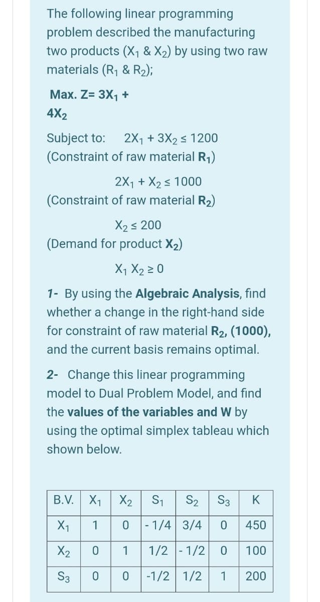 The following linear programming
problem described the manufacturing
two products (X, & X2) by using two raw
materials (R1 & R2);
Мах. Z3D 3X1 +
4X2
Subject to:
(Constraint of raw material R1)
2X1 + 3X2< 1200
2X1 + X2 s 1000
(Constraint of raw material R2)
X2s 200
(Demand for product X2)
X1 X2 z 0
1- By using the Algebraic Analysis, find
whether a change in the right-hand side
for constraint of raw material R2, (1000),
and the current basis remains optimal.
2- Change this linear programming
model to Dual Problem Model, and find
the values of the variables and W by
using the optimal simplex tableau which
shown below.
B.V. X1 X2 S1
S2
S3
K
X1
1
- 1/4 3/4
450
X2
1
1/2 - 1/2
100
S3
-1/2 1/2
1
200
