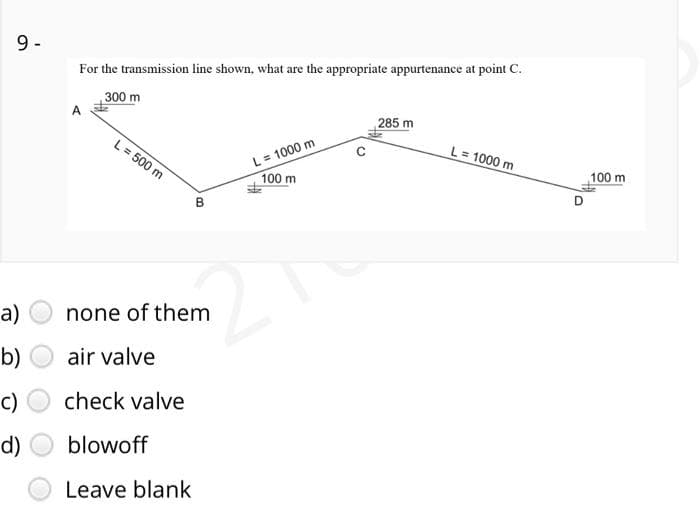 9-
a)
b)
c)
d)
For the transmission line shown, what are the appropriate appurtenance at point C.
300 m
A
L = 500 m
B
none of them
air valve
check valve
blowoff
Leave blank
L = 1000 m
100 m
285 m
L = 1000 m
D
100 m