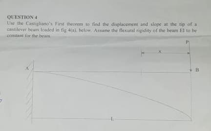 QUESTION 4
Use the Castigliano's First theorem to find the displacement and slope at the tip of a
cantilever beam loaded in fig 4(a). below. Assume the flexural rigidity of the bean El to be
constant for the beam.
B.
