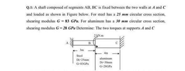 Q.1: A shaft composed of segments AB, BC is fixed between the two walls at 4 and C
and loaded as shown in Figure below, For steel has a 25 mm circular cross section,
shearing modulus G = 83 GPa. For aluminum has a 30 mm circular cross section,
shearing modulus G - 28 GPa Determine: The two torques at supports A and C
2AN.m
B.
3m
4m
Steel
aluninum
Di-25mm
Di-30mm
G-83GPa
G-28GP.
