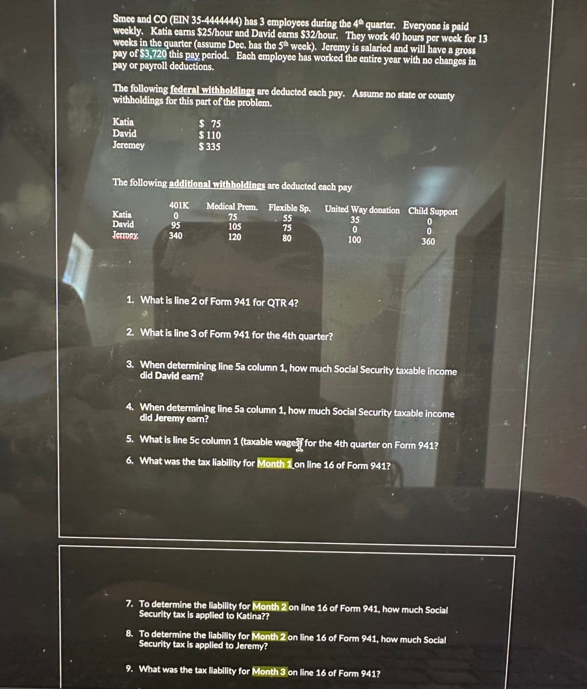 Smee and CO (EIN 35-4444444) has 3 employees during the 4th quarter. Everyone is paid
weekly. Katia earns $25/hour and David earns $32/hour. They work 40 hours per week for 13
weeks in the quarter (assume Dec. has the 5th week). Jeremy is salaried and will have a gross
pay of $3,720 this pay period. Each employee has worked the entire year with no changes in
pay or payroll deductions.
The following federal withholdings are deducted each pay. Assume no state or county
withholdings for this part of the problem.
Katia
$ 75
David
$ 110
Jeremey
$335
The following additional withholdings are deducted each pay
401K
Medical Prem. Flexible Sp.
United Way donation Child Support
Katia
David
0
75
55
35
0
95
105
75
0
Jermey
340
120
80
100
0
360
1. What is line 2 of Form 941 for QTR 4?
2. What is line 3 of Form 941 for the 4th quarter?
3. When determining line 5a column 1, how much Social Security taxable income
did David earn?
4. When determining line 5a column 1, how much Social Security taxable income
did Jeremy earn?
5. What is line 5c column 1 (taxable wage for the 4th quarter on Form 941?
6. What was the tax liability for Month 1 on line 16 of Form 941?
7. To determine the liability for Month 2 on line 16 of Form 941, how much Social
Security tax is applied to Katina??
8. To determine the liability for Month 2 on line 16 of Form 941, how much Social
Security tax is applied to Jeremy?
9. What was the tax liability for Month 3 on line 16 of Form 941?