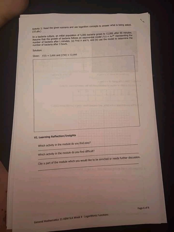 Activity 2: Read the given scenario and use logarithm concepts to answer what is being asked.
(10 pts.)
In a bacteria culture, an initial population of 5,000 bacterla grows to 12,000 after 90 minutes
Assume that the growth of bacteria follows an exponential model r()- Ae representing the
number of bacteria after t minutes. (a) Find A and k, and (b) use the model to determine the
number of bacteria after 3 hours.
Solution:
Given: r(0) = 5,000 and /(00)- 12,000
VI. Learning Reflection/Insights
Which activity in the module do you find easy?
Which activilty in the module do you find difficult?
Cite a part of the module which you would like to be enriched or needs further discussion.
Page 6 of 6
General Mathematics 11 ABM SLK Week 4- Logarithmic Functions
