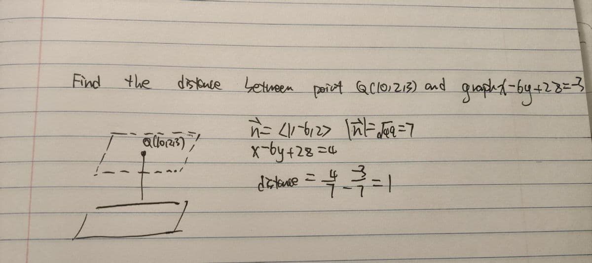 Find
the
distance between point QC101213) and graphX-by+28=3
al101213)
n = <1-612> \ n \ = √√49=7
x-by+28=4
dictue = 4 3 = 1
===