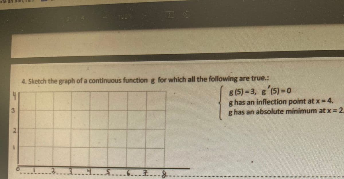 irfe an
1006
HA
4. Sketch the graph of a continuous function g for which all the following are true.:
g (5) = 3, g (5) =0
g has an inflection point at x = 4.
g has an absolute minimum at x = 2.
3.
2.
23.4. 56.1..-8.
