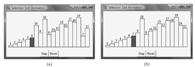 76 Selection Sort Animation
74 Selection Sort Animation
18
19
19
18
17
16
15
13
11
16
14
12
14
15
12
10
11
Step Reset
Step Reset
(a)
(b)
