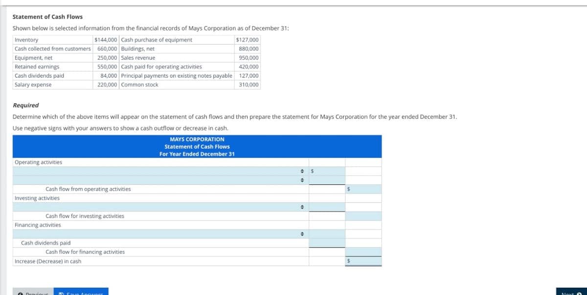 Statement of Cash Flows
Shown below is selected information from the financial records of Mays Corporation as of December 31:
$144,000 Cash purchase of equipment
Inventory
Cash collected from customers 660,000 Buildings, net
250,000 Sales revenue
550,000 Cash paid for operating activities
Equipment, net
Retained earnings
Cash dividends paid
Salary expense
Required
Determine which of the above items will appear on the statement of cash flows and then prepare the statement for Mays Corporation for the year ended December 31.
Use negative signs with your answers to show a cash outflow or decrease in cash.
Operating activities
Cash flow from operating activities
Investing activities
Cash flow for investing activities
Financing activities
$127,000
880,000
950,000
420,000
84,000 Principal payments on existing notes payable 127,000
220,000 Common stock
310,000
Cash dividends paid
Cash flow for financing activities
Increase (Decrease) in cash
Draviour
Save Ancierr
MAYS CORPORATION
Statement of Cash Flows
For Year Ended December 31
→
•
$
Moxt