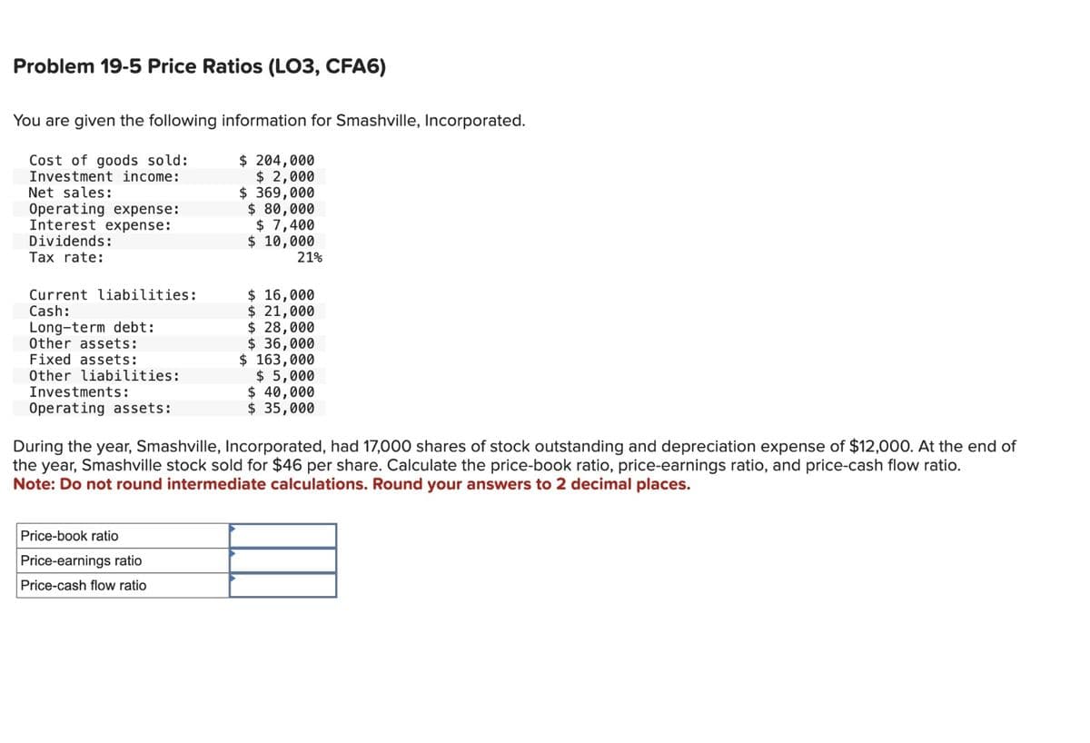 Problem 19-5 Price Ratios (LO3, CFA6)
You are given the following information for Smashville, Incorporated.
Cost of goods sold:
Investment income:
Net sales:
Operating expense:
Interest expense:
Dividends:
Tax rate:
Current liabilities:
Cash:
Long-term debt:
Other assets:
Fixed assets:
Other liabilities:
Investments:
Operating assets:
$ 204,000
$ 2,000
$369,000
$ 80,000
$ 7,400
$ 10,000
Price-book ratio
Price-earnings ratio
Price-cash flow ratio
21%
$ 16,000
$ 21,000
$ 28,000
$36,000
$ 163,000
$5,000
$ 40,000
$ 35,000
During the year, Smashville, Incorporated, had 17,000 shares of stock outstanding and depreciation expense of $12,000. At the end of
the year, Smashville stock sold for $46 per share. Calculate the price-book ratio, price-earnings ratio, and price-cash flow ratio.
Note: Do not round intermediate calculations. Round your answers to 2 decimal places.