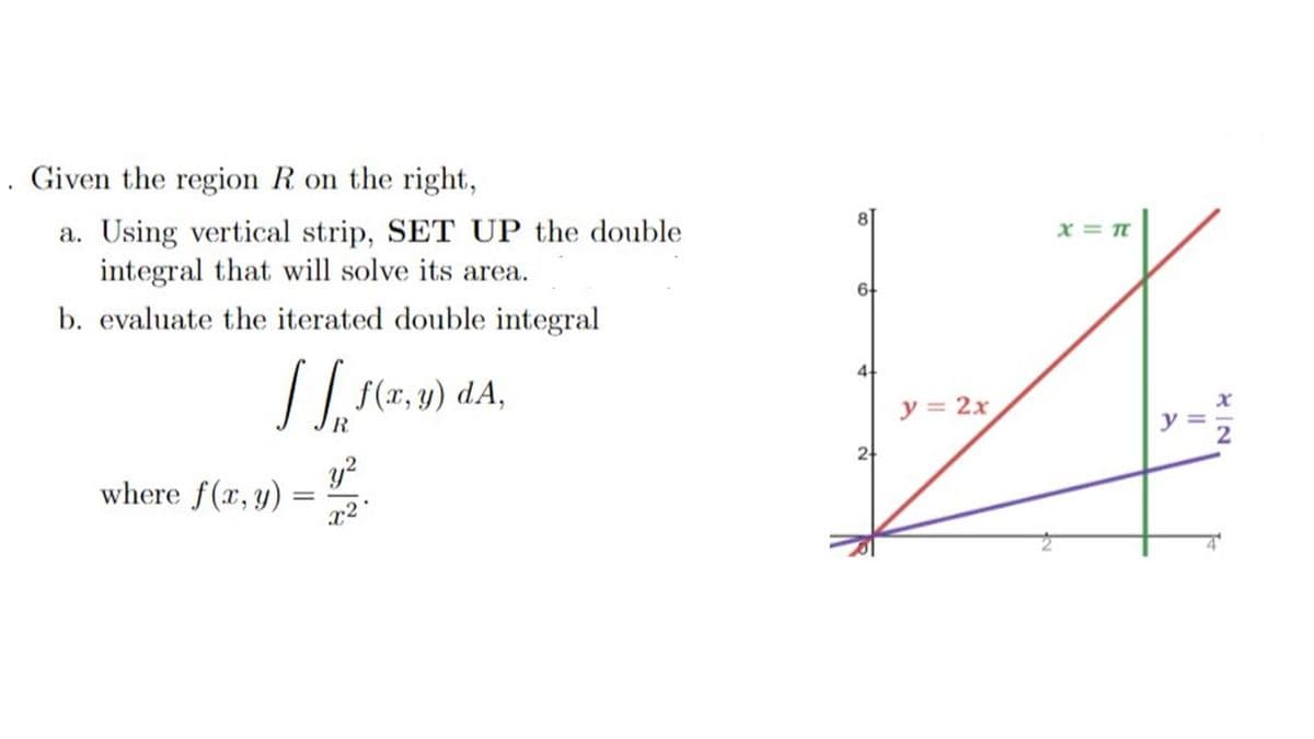 Given the region R on the right,
a. Using vertical strip, SET UP the double
integral that will solve its area.
b. evaluate the iterated double integral
[[ f(x, y) dA,
R
where f(x, y)
y²
x²
=
8
x = π
6
4
Z
y=2x
2
XIN