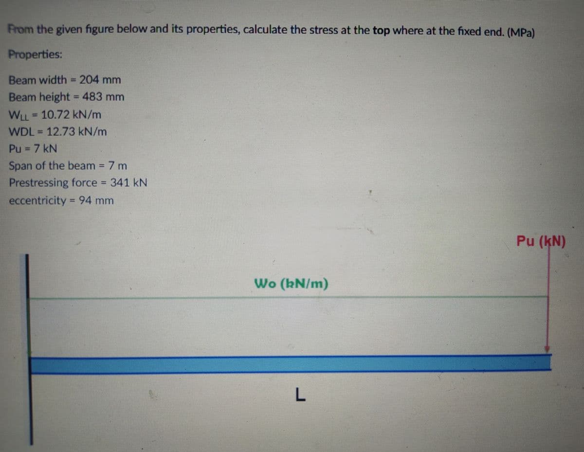 From the given figure below and its properties, calculate the stress at the top where at the fixed end. (MPa)
Properties:
Beam width = 204 mm
Beam height = 483 mm
WLL=10.72 kN/m
WDL = 12.73 kN/m
Pu = 7 kN
Span of the beam = 7 m
Prestressing force 341 kN
eccentricity =94 mm
Pu (kN)
Wo (kN/m)
L.
