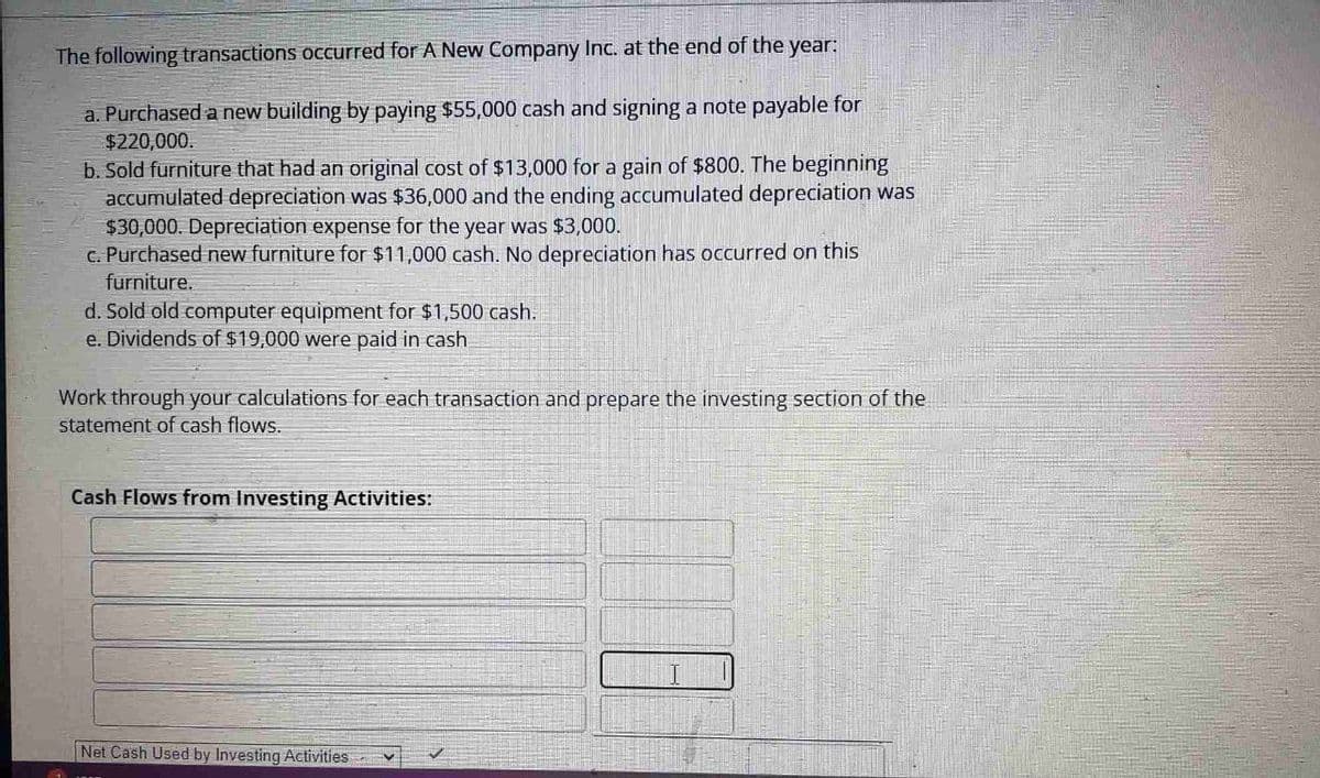 The following transactions occurred for A New Company Inc. at the end of the year:
a. Purchased a new building by paying $55,000 cash and signing a note payable for
$220,000.
b. Sold furniture that had an original cost of $13,000 for a gain of $800. The beginning
accumulated depreciation was $36,000 and the ending accumulated depreciation was
$30,000. Depreciation expense for the year was $3,000.
c. Purchased new furniture for $11,000 cash. No depreciation has occurred on this
furniture.
d. Sold old computer equipment for $1,500 cash.
e. Dividends of $19,000 were paid in cash
Work through your calculations for each transaction and prepare the investing section of the
statement of cash flows.
Cash Flows from Investing Activities:
Net Cash Used by Investing Activities
✓