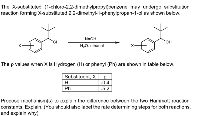 The X-substituted (1-chloro-2,2-dimethylpropyl)benzene may undergo substitution
reaction forming X-substituted 2,2-dimethyl-1-phenylpropan-1-ol as shown below.
NaOH
но.
H20. ethanol
The p values when X is Hydrogen (H) or phenyl (Ph) are shown in table below.
Substituent, X |e
-0.4
-5.2
H
Ph
Propose mechanism(s) to explain the difference between the two Hammett reaction
constants. Explain. (You should also label the rate determining steps for both reactions,
and explain why)
