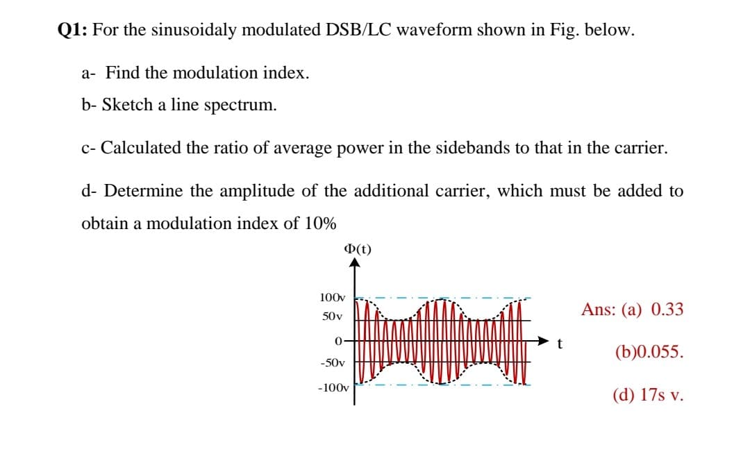 Q1: For the sinusoidaly modulated DSB/LC waveform shown in Fig. below.
a- Find the modulation index.
b- Sketch a line spectrum.
c- Calculated the ratio of average power in the sidebands to that in the carrier.
d- Determine the amplitude of the additional carrier, which must be added to
obtain a modulation index of 10%
D(t)
100v
Ans: (a) 0.33
50v
0-
(b)0.055.
-50v
-100v
(d) 17s v.
