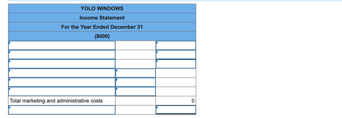 YOLO WINDOWS
Income Statement
For the Year Ended December 31
($000)
Total marketing and administrative costs
