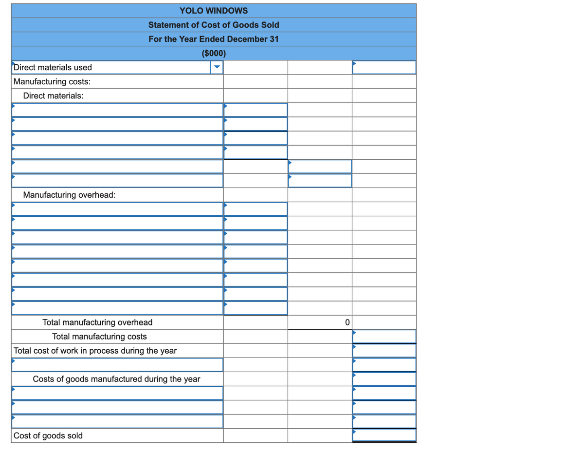 YOLO WINDOWS
Statement of Cost of Goods Sold
For the Year Ended December 31
($000)
Direct materials used
Manufacturing costs:
Direct materials:
Manufacturing overhead:
Total manufacturing overhead
Total manufacturing costs
Total cost of work in process during the year
Costs of goods manufactured during the year
Cost of goods sold
