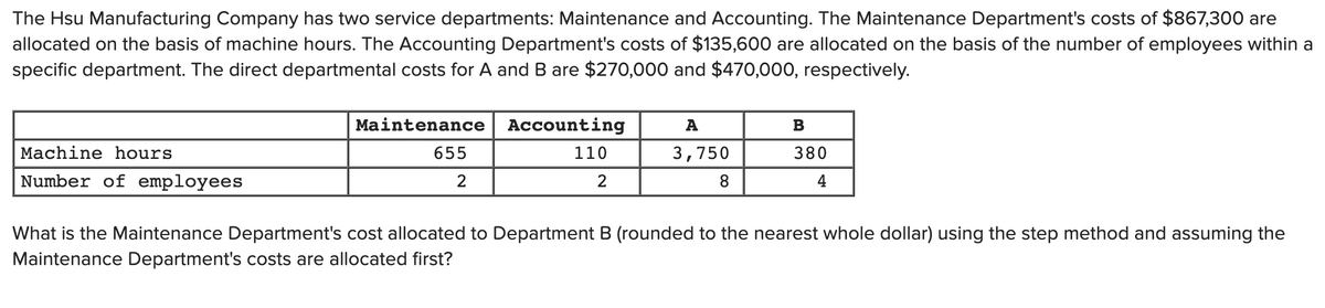 The Hsu Manufacturing Company has two service departments: Maintenance and Accounting. The Maintenance Department's costs of $867,300 are
allocated on the basis of machine hours. The Accounting Department's costs of $135,600 are allocated on the basis of the number of employees within a
specific department. The direct departmental costs for A and B are $270,000 and $470,000, respectively.
Maintenance
Accounting
A
Machine hours
655
110
3,750
380
Number of employees
2
8.
4
What is the Maintenance Department's cost allocated to Department B (rounded to the nearest whole dollar) using the step method and assuming the
Maintenance Department's costs are allocated first?
